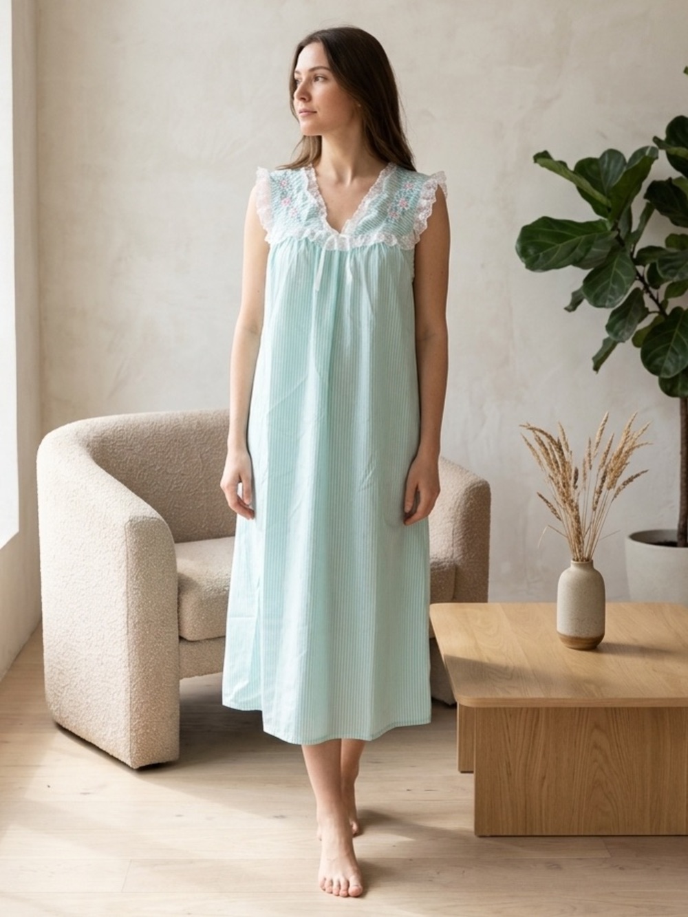 Vtg Katz Nightgown Mint Seersucker Lace Embroidered Cottagecore MuuMuu M/L USA